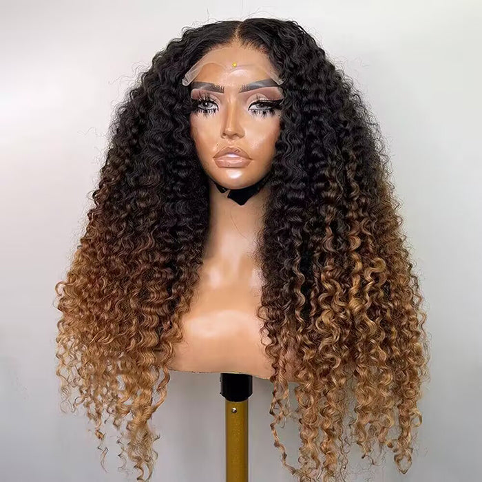 300 Density Luxury Curly Wig Ombre Brown 100% Human Hair Swiss 13x4 HD Lace Front Glueless Wig For Women