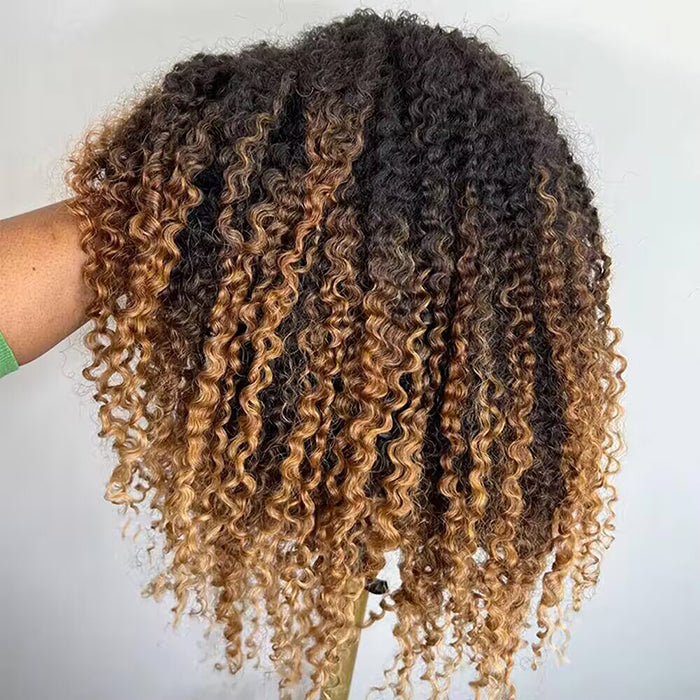 300 Density Luxury Curly Wig Ombre Brown 100% Human Hair Swiss 13x4 HD Lace Front Glueless Wig For Women
