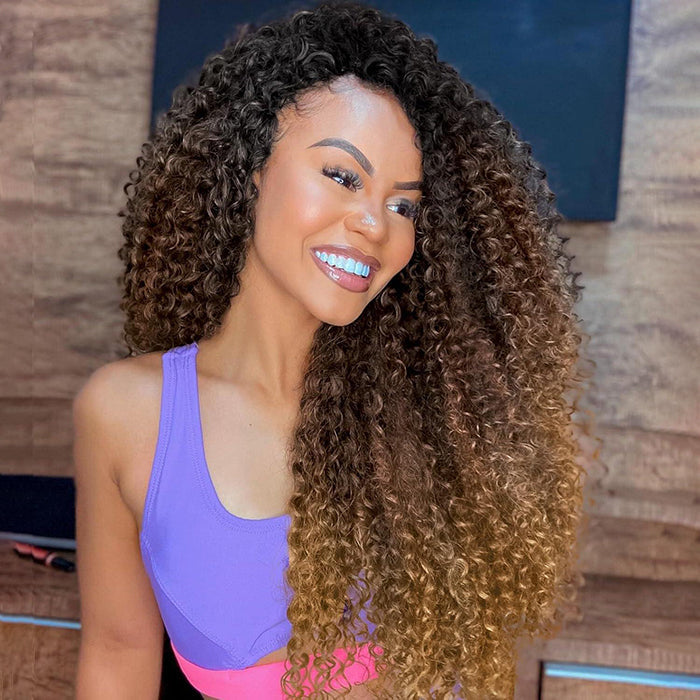 300 Density Luxury Curly Wig Ombre Brown 100% Human Hair Swiss 13x4 HD Lace Front Glueless Wig For Women