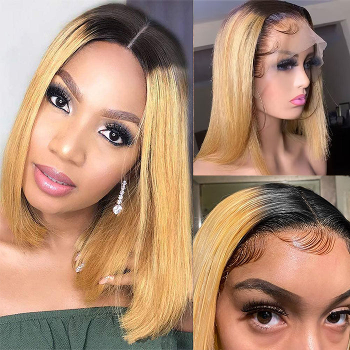 Ombre Honey Blonde Straight Hair Glueless 13x4 Lace Front Bob Wigs