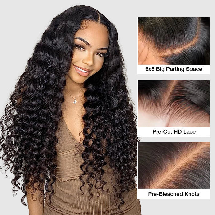 Deep wave Glueless Wig Human Hair Pre Cut 8x5 HD Lace Closure Wigs Put on Go Pre Everything Wigs No Skills Needed