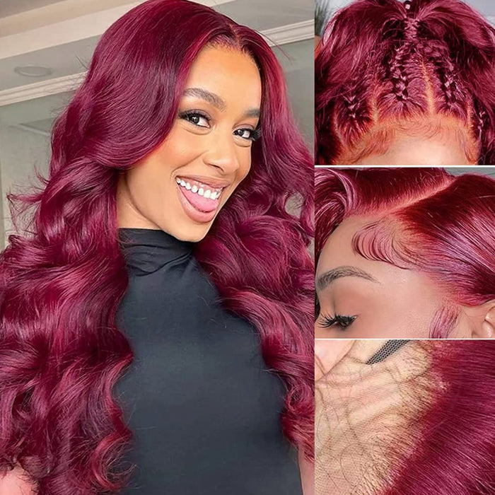 Body Wave Wig 99J Burgundy Color Glueless 8x5 HD Lace Wigs With Pre-Plucked Hairline
