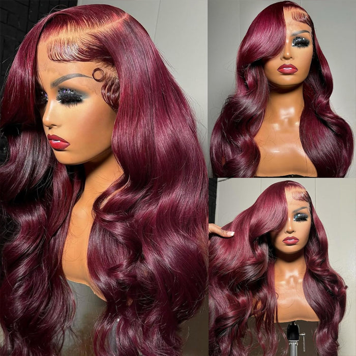 99J Burgundy Invisi-Pull String 360 Full Lace Frontal Wig Glueless HD Lace Human Hair Wigs