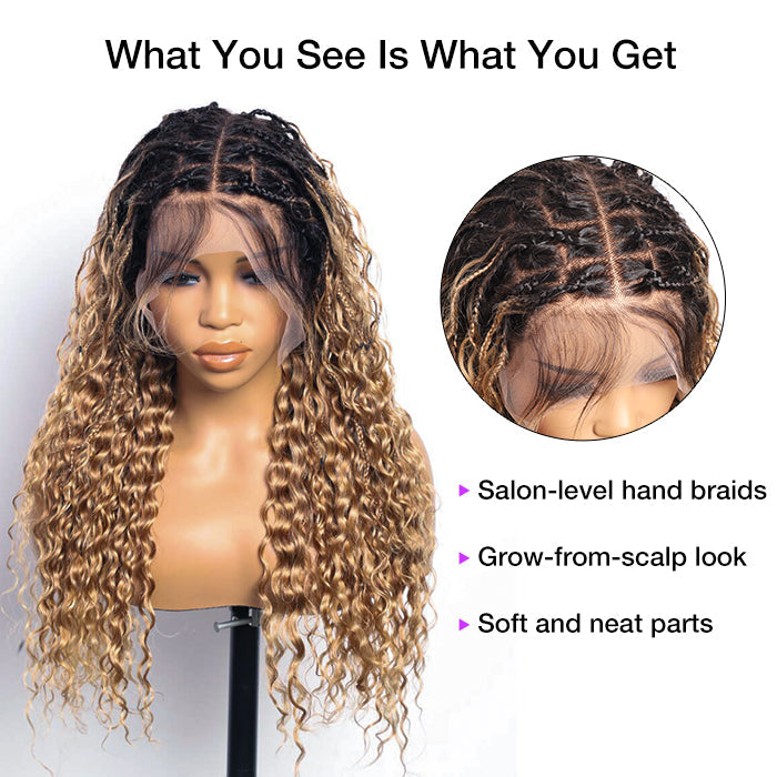 Boho Braided Wigs for Black Women Pull Go Drawstring 13x6 HD Lace Frontal Human Hair Wigs Blonde Color with Black Root