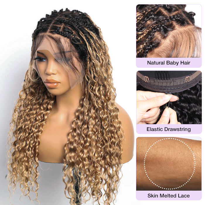 Boho Braided Wigs for Black Women Pull Go Drawstring 13x6 HD Lace Frontal Human Hair Wigs Blonde Color with Black Root