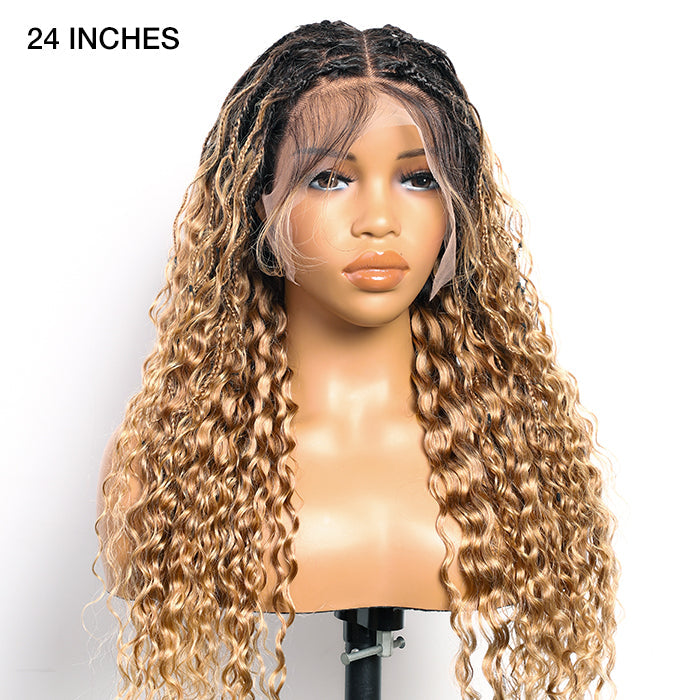 Boho Braided Wigs for Black Women Pull Go Drawstring 13x6 HD Lace Frontal Human Hair Wigs Blonde Color with Black Root