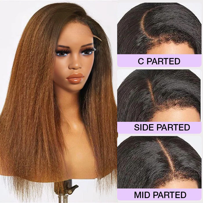 4C Kinky Edges Ombre Brown Color Kinky Straight Wigs Human Hair Pre Plucked HD Transparent 13x4 13x6 Lace Front Wigs with Drawstring Glueless Wig