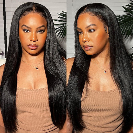 Glueless Yaki Straight Wig 8x5 Pre-Cut Lace Closure Human Hair Wigs With Pre Plucked Hairline