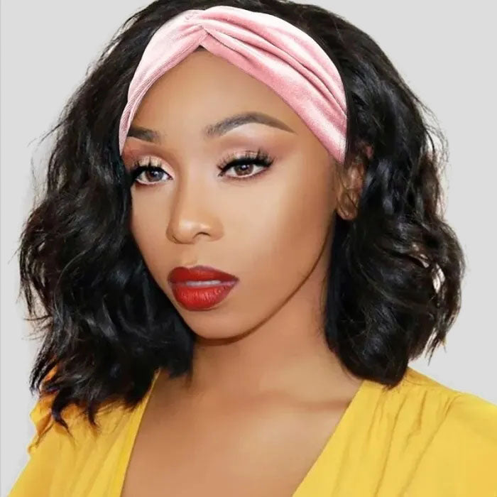 220% Density Body Wave Hair Headband Bob Wig Glueless Human Hair Half Wig