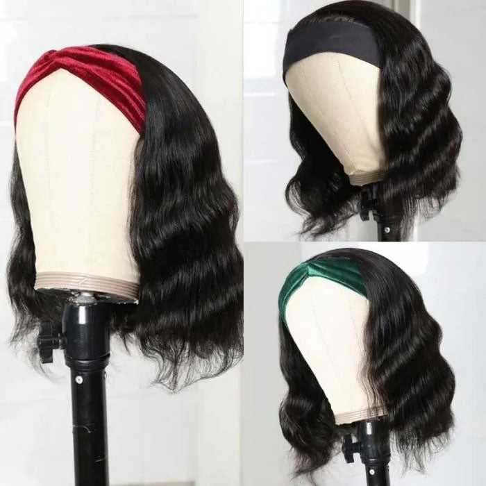 220% Density Body Wave Hair Headband Bob Wig Glueless Human Hair Half Wig