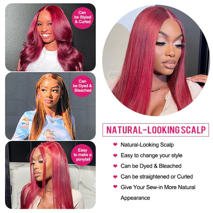 99J Burgundy Straight 13x4/13x6/5x5 Lace Front Human Hair Wig for Women Brazilian Remy Hair Glueless HD Lace Wigs