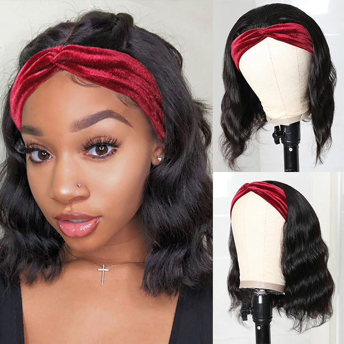 220% Density Body Wave Hair Headband Bob Wig Glueless Human Hair Half Wig