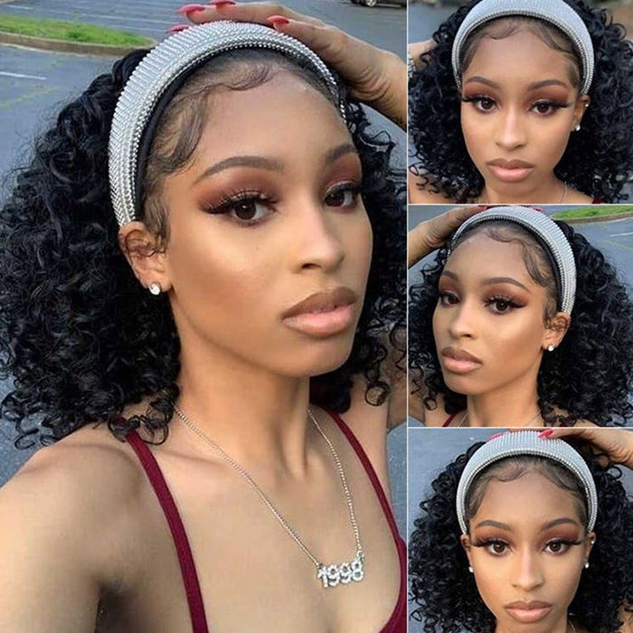 Curly Hair Headband Bob Wig Human Hair Half Wig 220% Density Glueless Human Hair Headband Wig