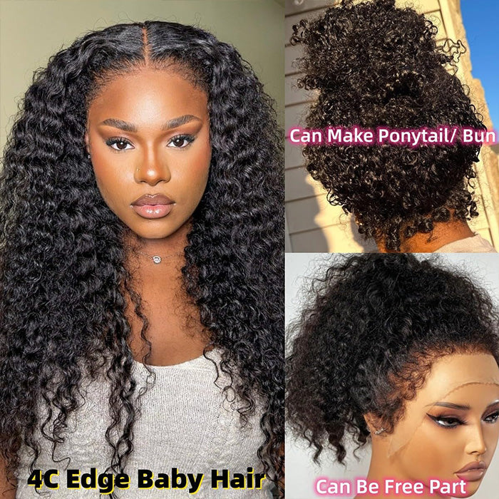 Glueless Pull Go Drawstring Curly Wig with 4C Curly Edge Hairline 13x4 13x6 HD Lace Human Hair Wigs 220%Density