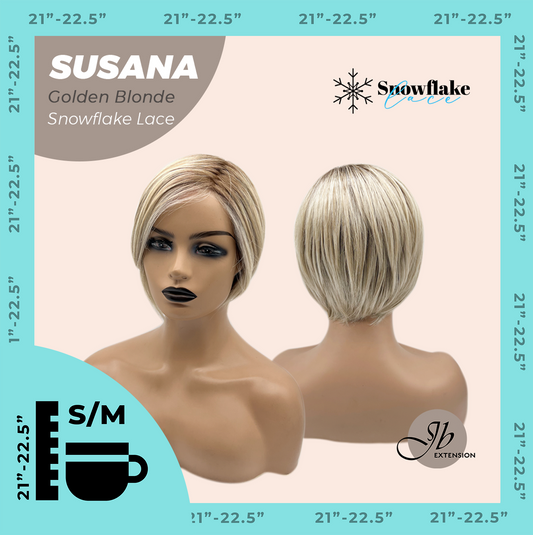 JBEXTENSION 9 Inches Golden Blonde Pre-Cut Side Part Snowflake Lace Frontlace Glueless Wig SUSANA GOLDEN BLONDE【BENDY EAR TABS】