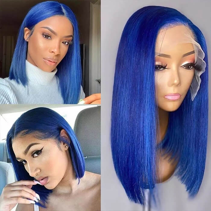 Blue Bob Wig 220% Density Straight 13x4 Lace Front Human Hair Wig Natural Hairline Bob Wigs
