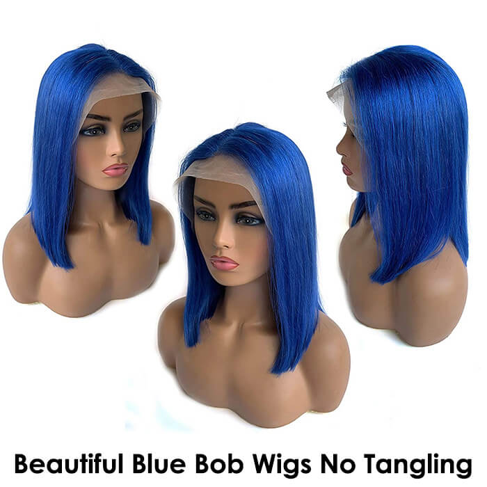 Blue Bob Wig 220% Density Straight 13x4 Lace Front Human Hair Wig Natural Hairline Bob Wigs