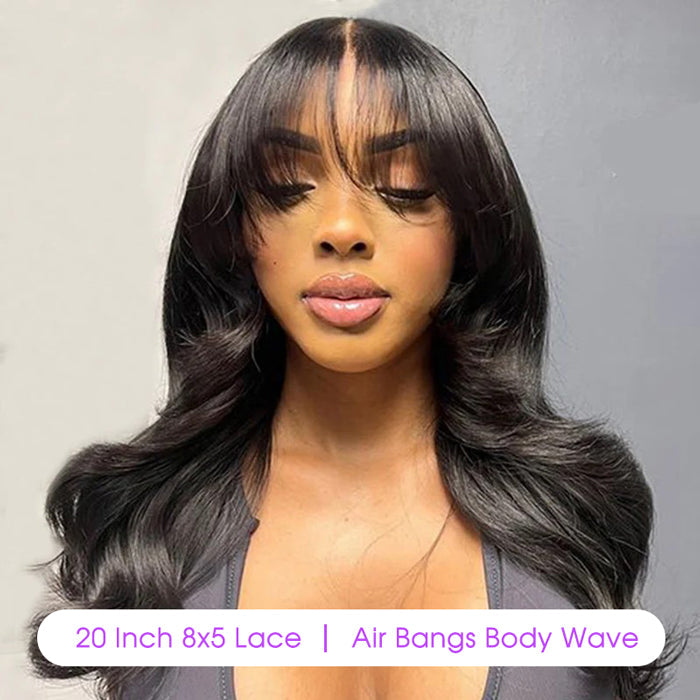 Air Bangs Body Wave 8x5 HD Gluless Wig Pre Cut Pre Bleached Natural Human Hair Wigs 10A Quality
