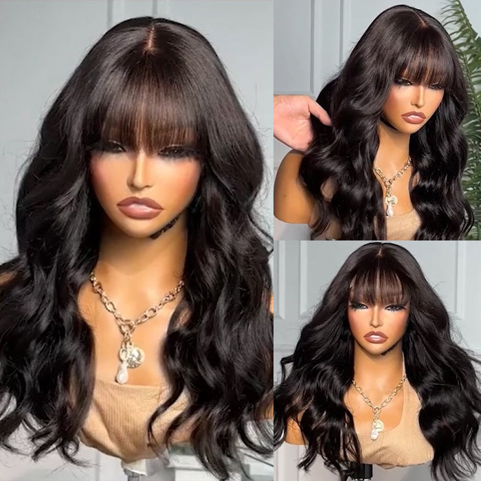 Air Bangs Body Wave 8x5 HD Gluless Wig Pre Cut Pre Bleached Natural Human Hair Wigs 10A Quality