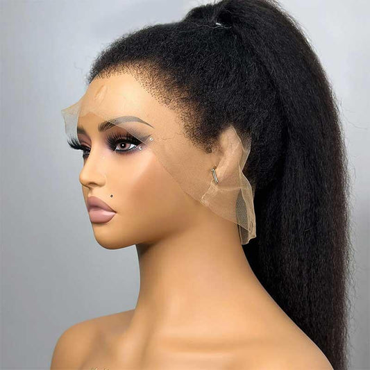 Kinky Straight HD Wigs With Kinky Edges Hairline Invisi-String 360 Lace Frontal Human Hair Wigs 220% Density