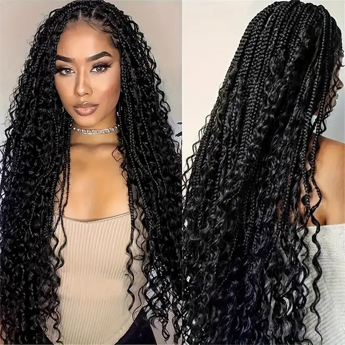 Full Lace Knotless Boho Curls Braided Long Wig Pre-Braid Lightweight Super Natural Scalp