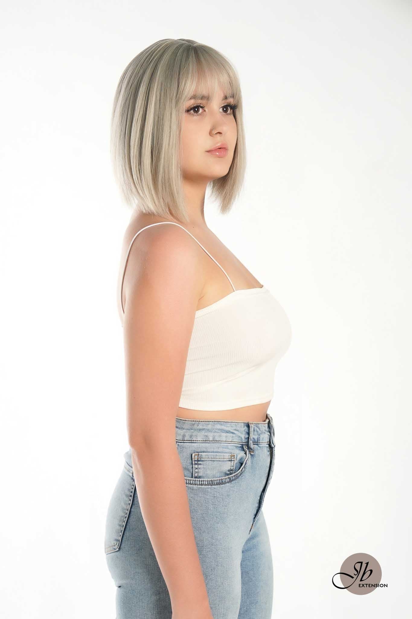 JBEXTENSION 10 Inches Bob Cut Tea Grey Hair With Bangs Wig ZALA