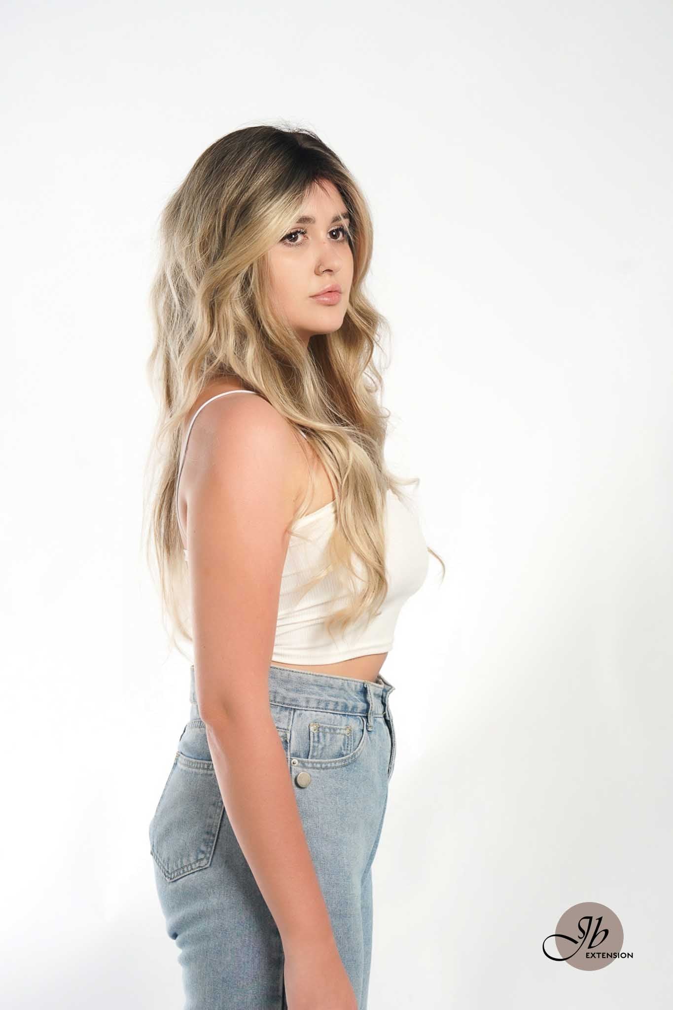 Get the Influencer Look with JBEXTENSION 26 Inches Mix Blonde With Dark Root Body Wave With Bangs MANDA