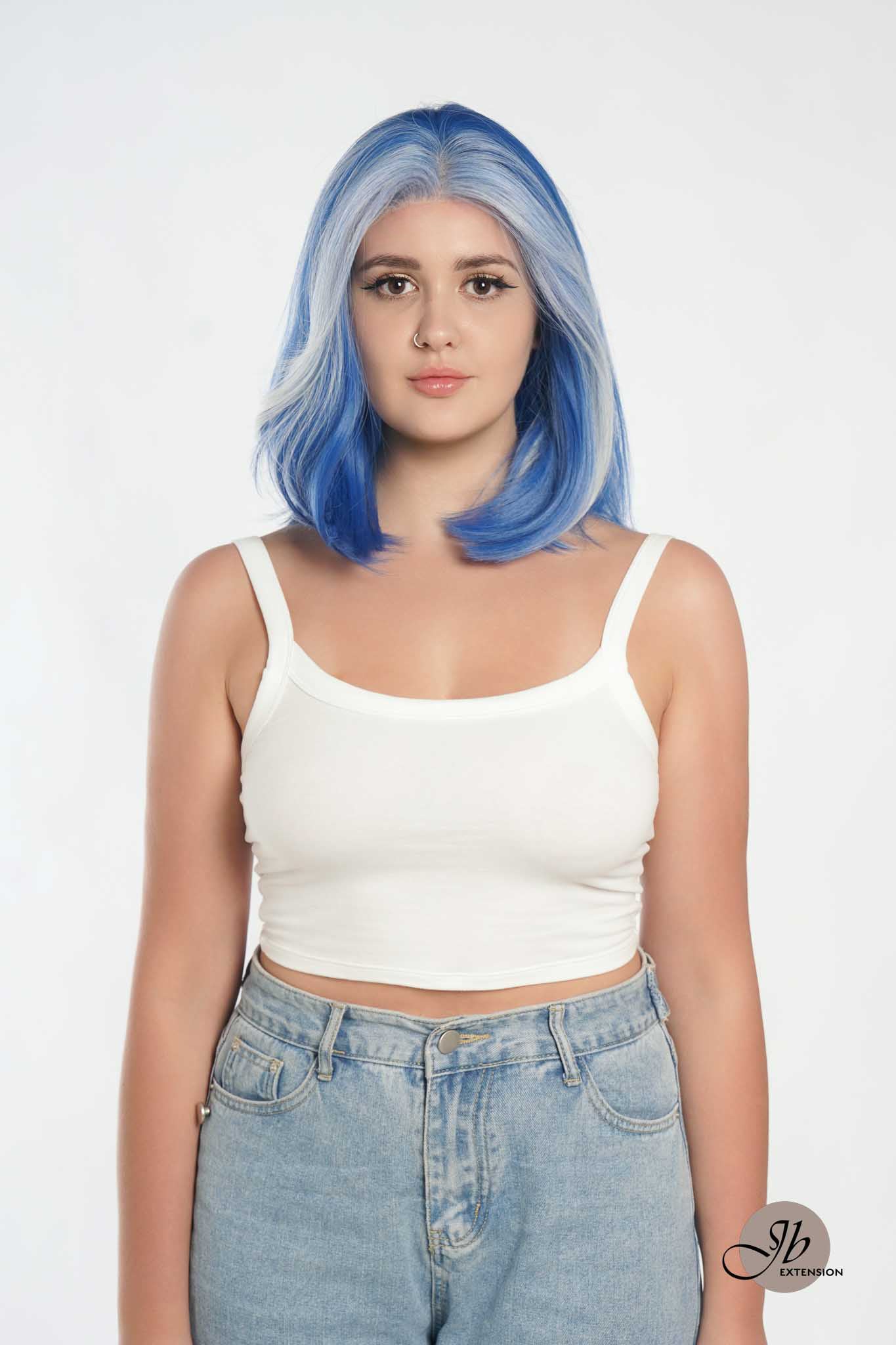 JBEXTENSION 12 Inches Bob Cut Blue With White Highlight Free Part Pre-Cut Frontlace Glueless Wig DOLPHIN