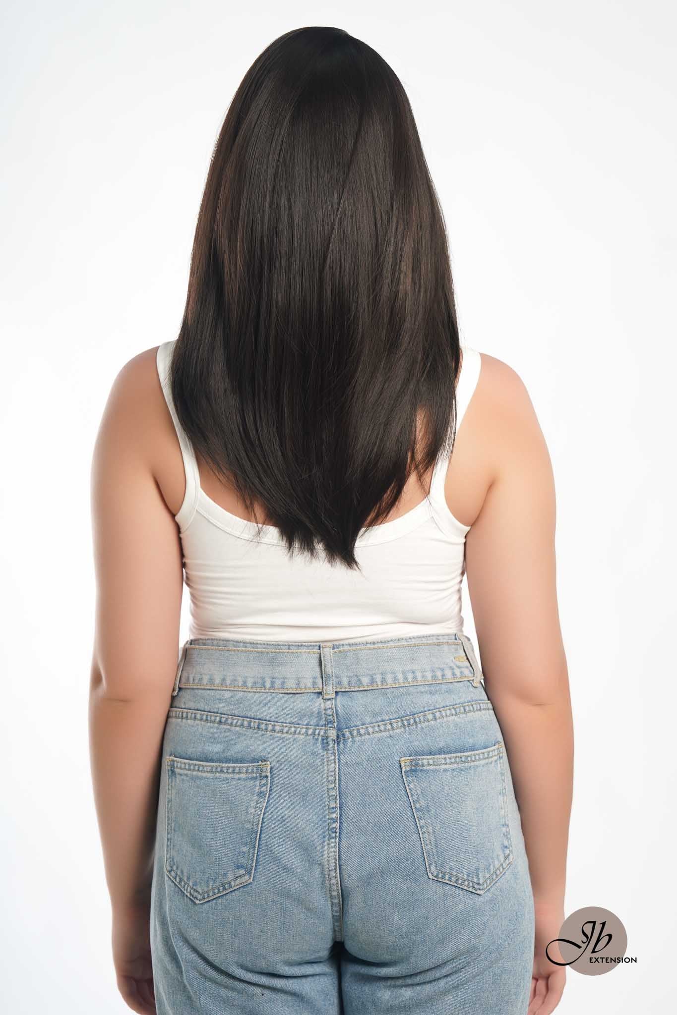 JBEXTENSION 20 Inches Scalpiana Tea Black Darkest Brown Wolf Cut 3.5X4 Hard Silky Top Natural Scalp Effect Wig With Bangs LILA TEA BLACK