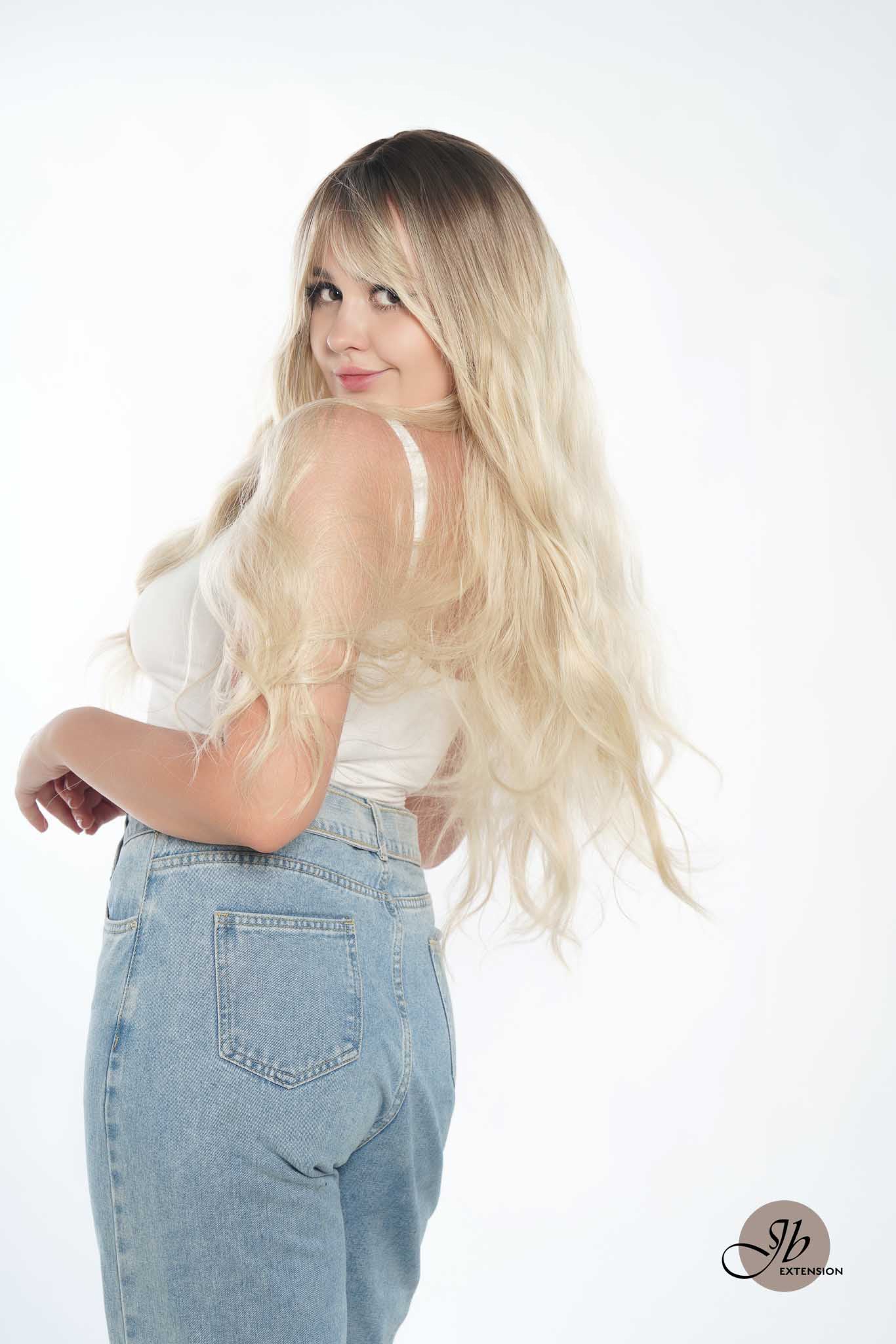 JBEXTENSION 28 Inches Long Body Wave Light Blonde Wig With Bangs ROSANNA LIGHT BLONDE