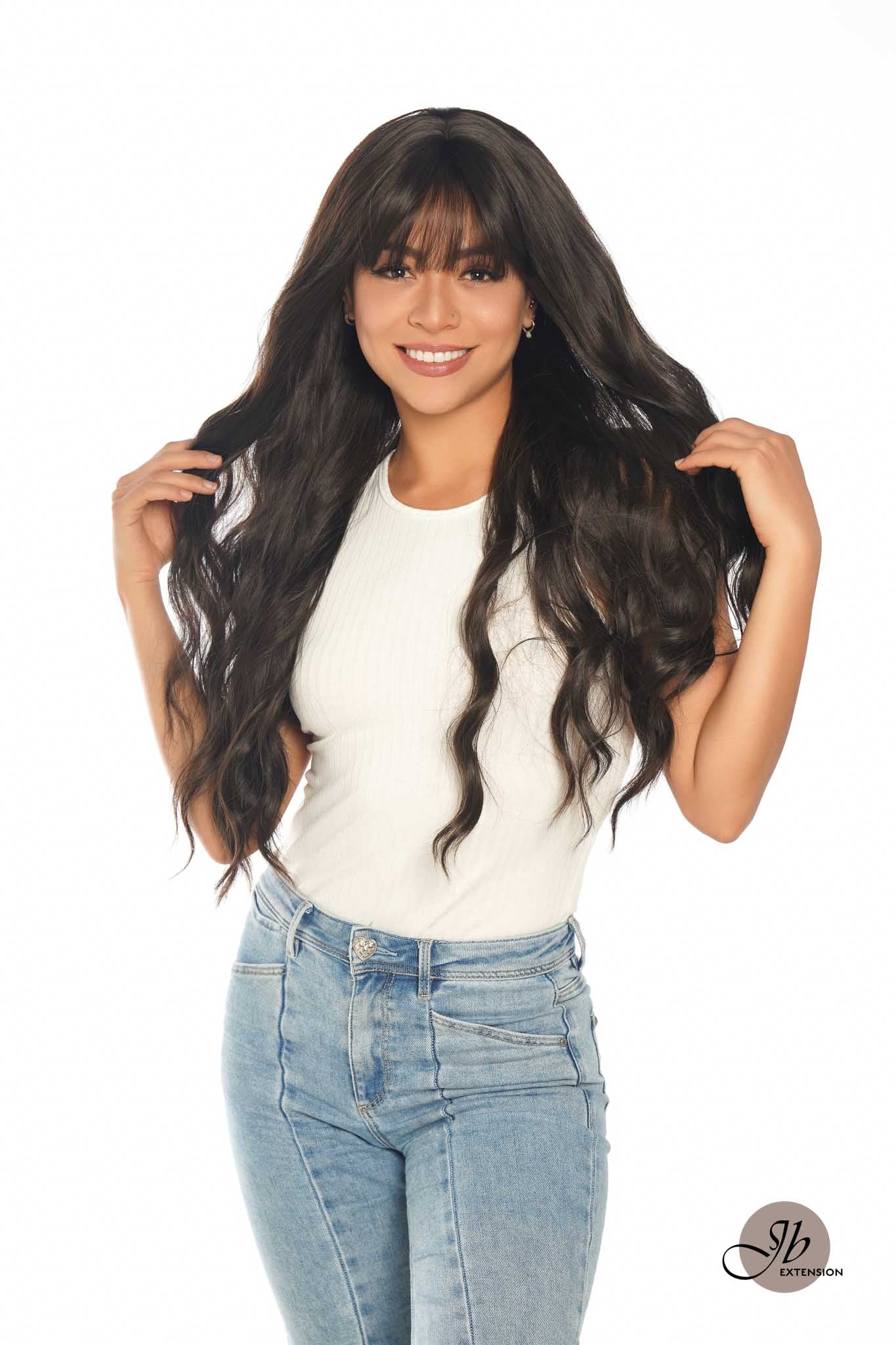 JBEXTENSION 28 Inches Long Body Wave Dark Brown Wig With Bangs GEM