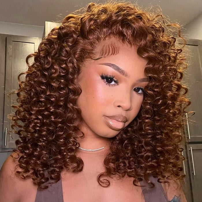Caramel Brown Colored Ready To Wear Glueless Wigs Bouncy Curl 13x6 Lace Front Human Hair Wig Pre Plucked