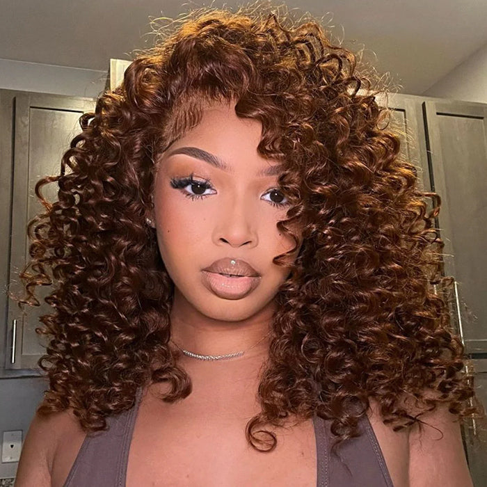 Caramel Brown Colored Ready To Wear Glueless Wigs Bouncy Curl 13x6 Lace Front Human Hair Wig Pre Plucked