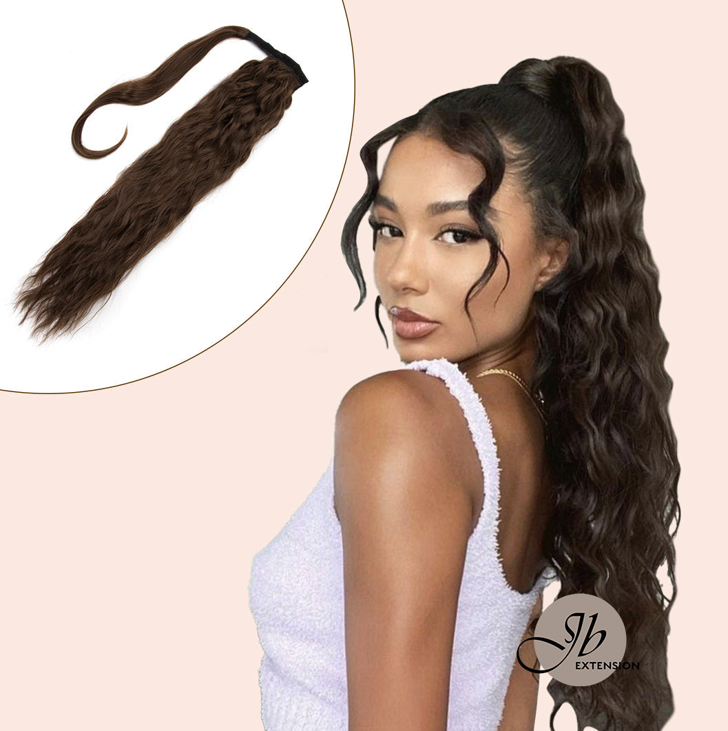 JBEXTENSION Long Corn Wave Ponytail Extension Magic Paste Heat Resistant Wavy Synthetic Wrap Around Ponytail Black Hairpiece for Women (22 Inch)