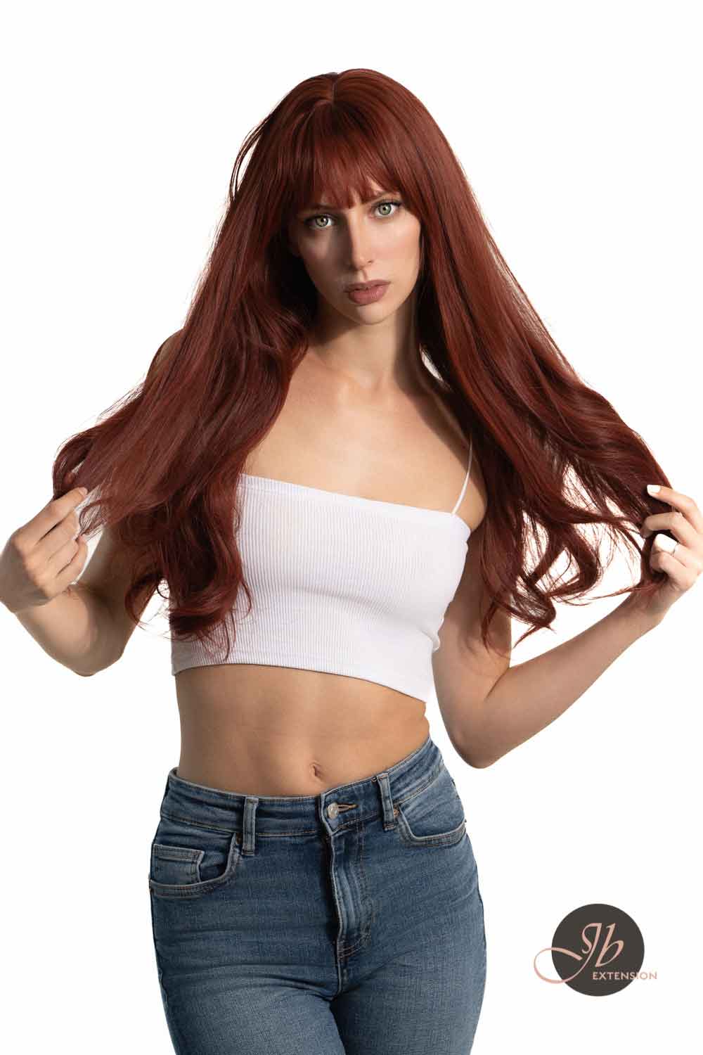 JBEXTENSION 25 Inches Red Curly Fashion Wig With Full Bangs ALLY