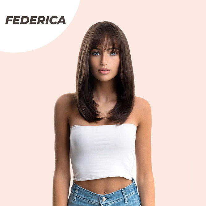 JBEXTENSION 16 Inches Short Bob Cut Cold Brown Wig With Bangs FEDERICA