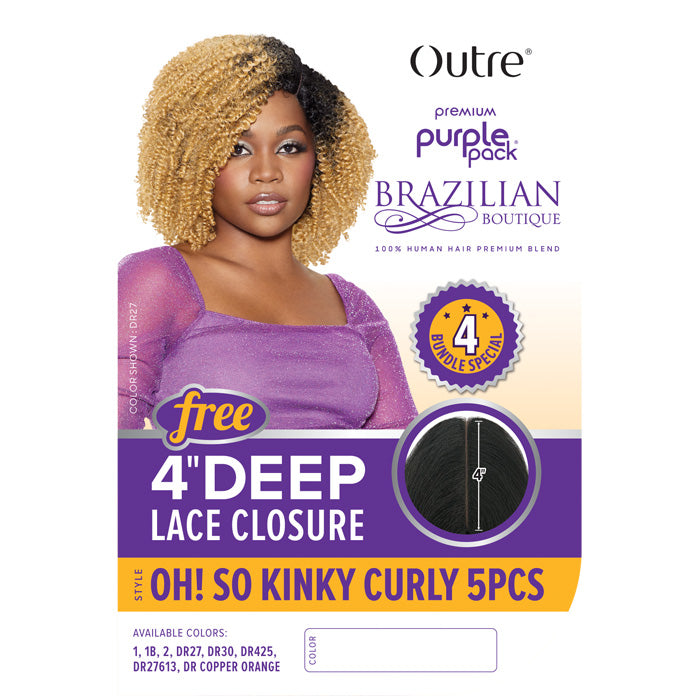 Outre Purple Pack Brazilian Boutique 100% Human Hair Blend Weave - OH SO KINKY CURLY 5 PCS + Free 4" Deep Lace Closure