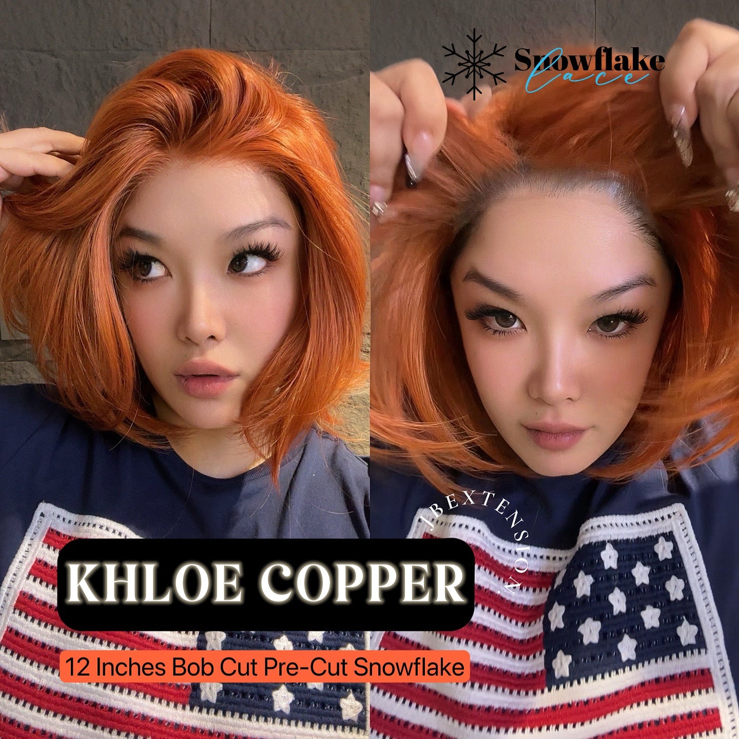 HOT OF SEASON - 12 Inches Bob Cut Copper Pre-Cut Snowflake Lace Frontlace Glueless Wig KHLOE COPPER【PERMATEASE】【BENDY EAR TABS】