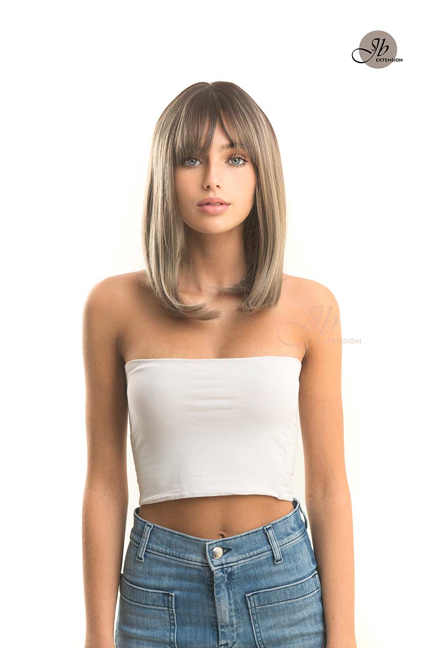 JBEXTENSION 16 Inches Short Bob Ombre Brown Ash Blonde Wig With Bangs VALENTINA