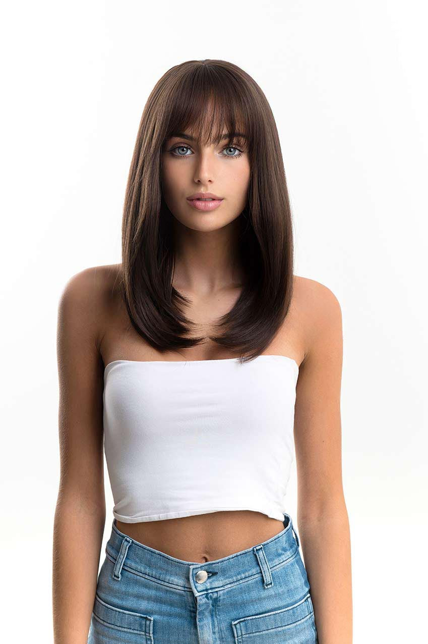JBEXTENSION 16 Inches Short Bob Cut Cold Brown Wig With Bangs FEDERICA