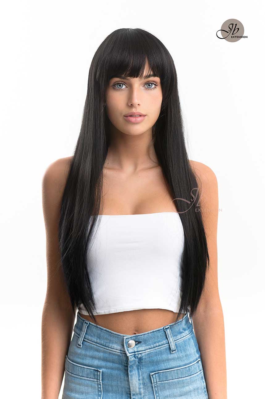 JBEXTENSION 24 Inches Long Straight Jet Black Wig With Bangs LUNA