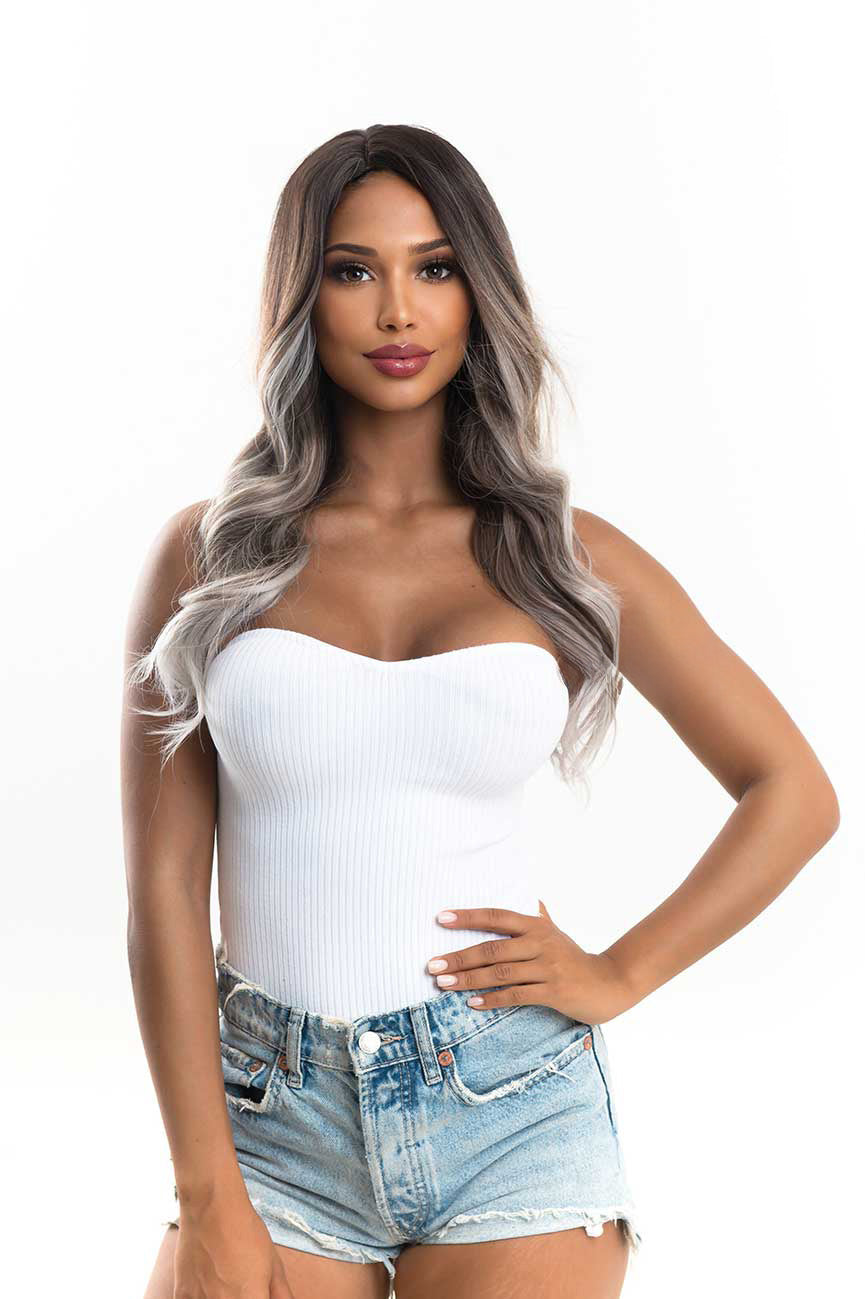 JBEXTENSION 25 Inches Long Curly Dark Brown With Grey Meches Hair Wig LOLA