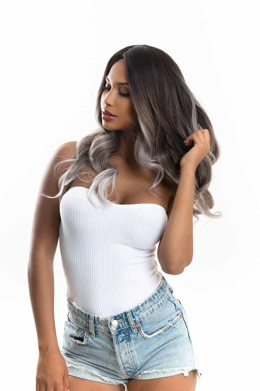 JBEXTENSION 25 Inches Long Curly Dark Brown With Grey Meches Hair Wig LOLA