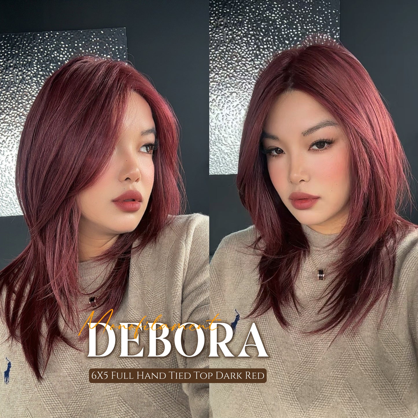 [PRE-ORDER] JBEXTENSION DEBORA MONO Monofilament Handmade Wig 6X5 Full Monofilament Hand Tied Top Wig 20 Inches Dark Red Mono Lace Wig With Anti-slip Silicone Strips Glueless Wig DEBORA MONO【BENDY EAR TABS】