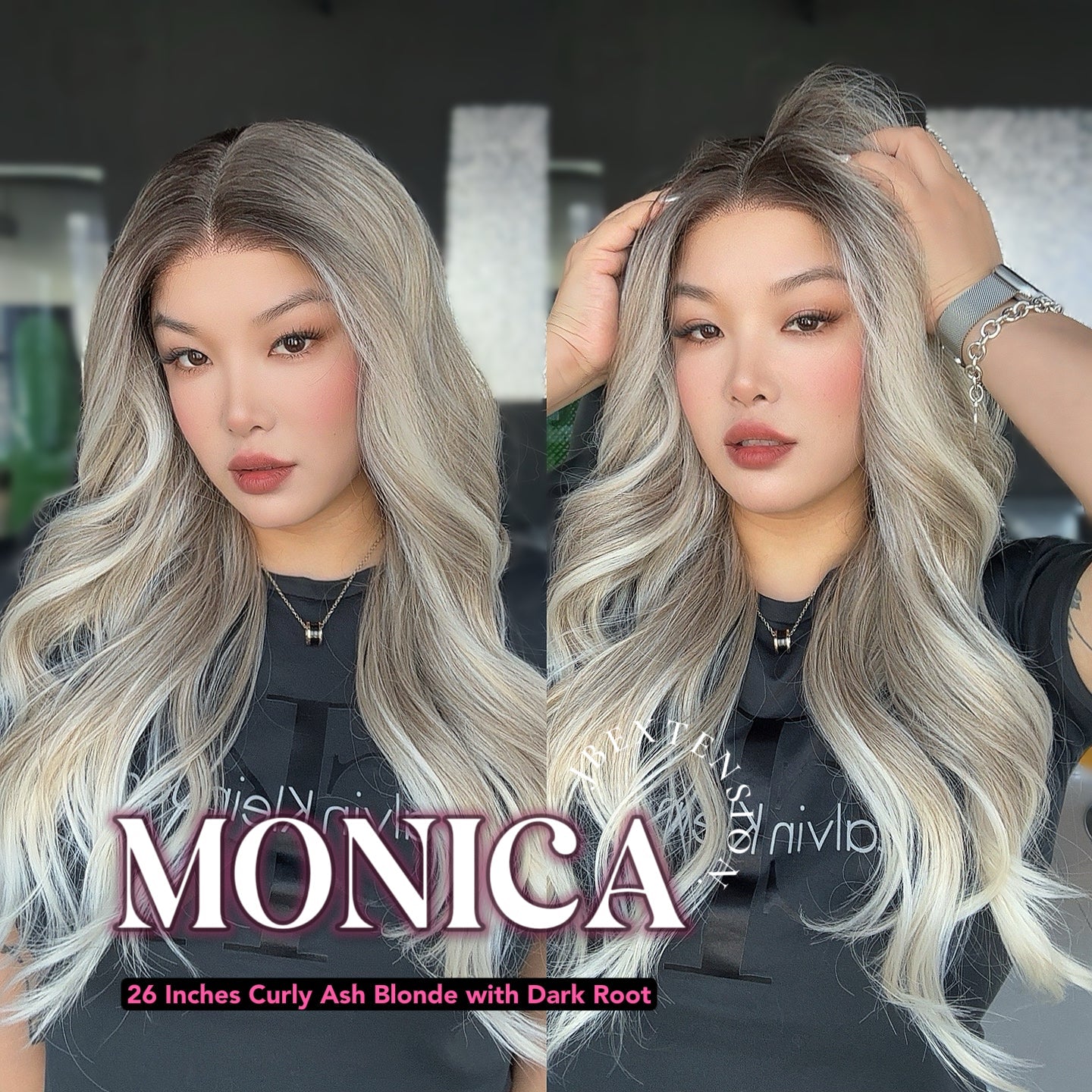 JBEXTENSION 26 Inches Curly Ash Blonde with Dark Root Pre-Cut Frontlace Glueless Wig MONICA