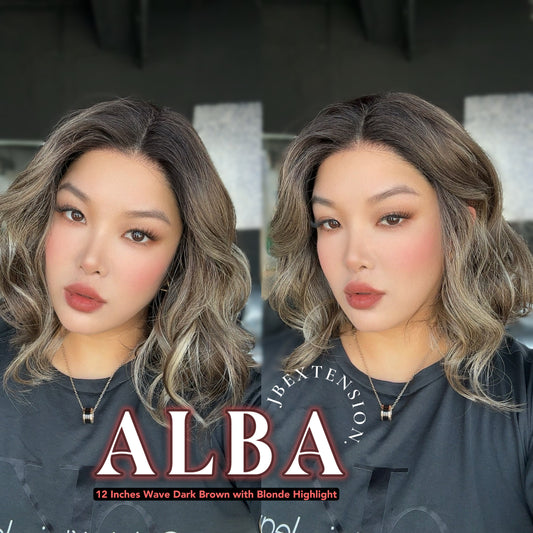 HOT OF SEASON - 12 Inches Wave Dark Brown with Blonde Highlight with Dark Root Pre-Cut Frontlace Glueless Wig ALBA