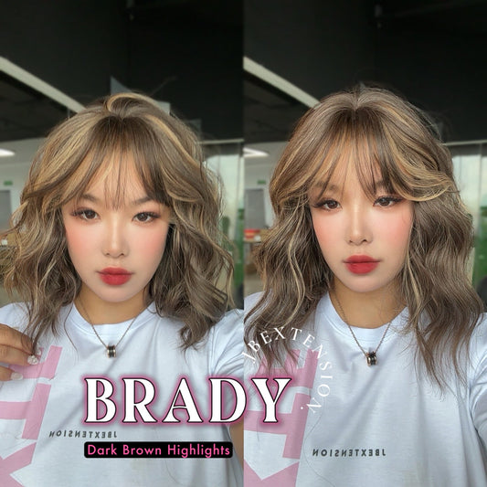 JBEXTENSION 12 Inches Scalpiana Wave Dark Brown with Highlight 3.5X4 Hard Silky Top Natural Scalp Effect Wig with Bang BRADY DARK BROWN HIGHLIGHT