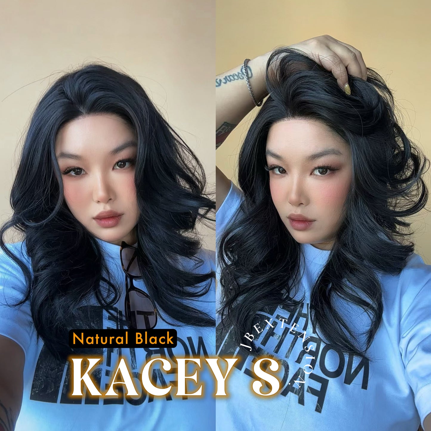 JBEXTENSION 20 Inches Natural Black Pre-Cut Snowflake Lace Frontlace Glueless Wig KACEY S NATURAL BLACK【PERMATEASE】【BENDY EAR TABS】- M/L