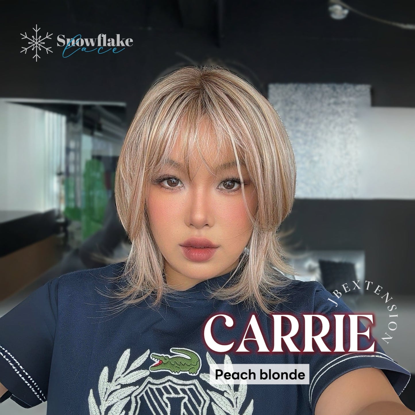 JBEXTENSION 11 Inches Short Hair Peach Blonde Pre-Cut T Part Snowflake Lace Frontlace Glueless Wig with Bangs CARRIE PEACH BLONDE【BENDY EAR TABS】