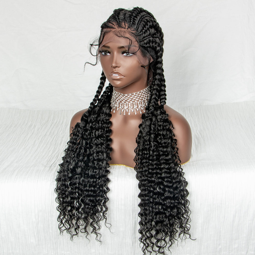 JBEXTENSION 35" Hand-Braided Synthetic Lace Front Box Braided Wigs with Baby Hair for Women  Dutch Braids Black Lace Frontal Wigs for Women BAMBI